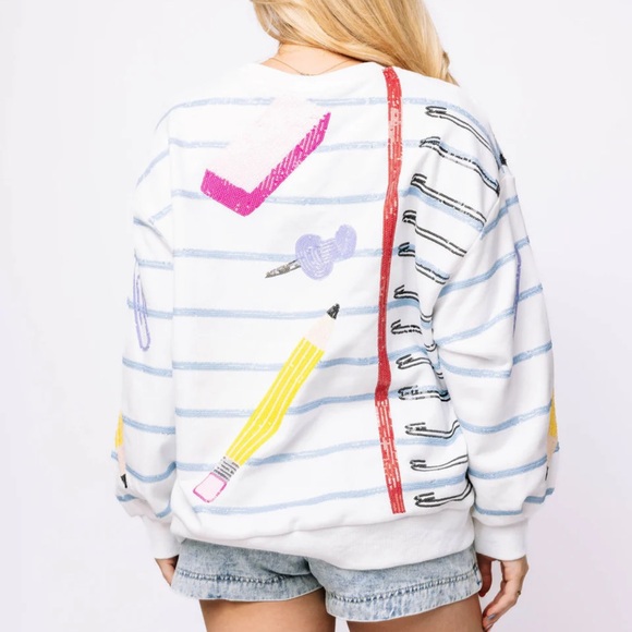 Queen of Sparkles Colorful Teacher Striped Sequin Sweatshirt with Fun Graphics - Picture 2 of 2